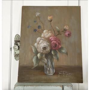 Vintage Flower Painting Large Floral Stretched Canvas Signed Pink Shabby 24x30"